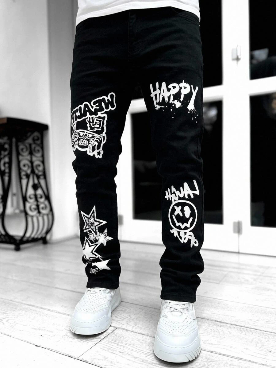 SHEIN Tween Boy Y2k Smiling Kids Face And Star Doodle Pattern Design Black Stretchy Tight Jeans Black To School - Black - View 1