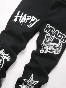 SHEIN Tween Boy Y2k Smiling Kids Face And Star Doodle Pattern Design Black Stretchy Tight Jeans Black To School - Black - View 4