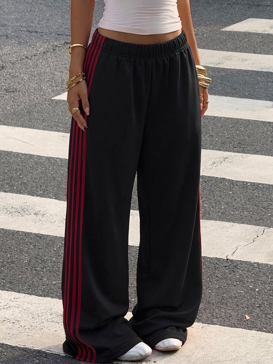 Muchica Plus Size Women Brown Side Stripe Wide Leg Loose Casual Pants S Trousers Oversize For Track Joggers Palazzo Fall - Multicolor - View 1