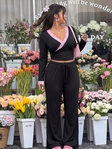GalTyme Plus Size Lace Patchwork Long Sleeve Top And Pants 2 Pieces Set Formal Office Dinner Black Autumn Casual Normal Elegant Fall - Black - View 4