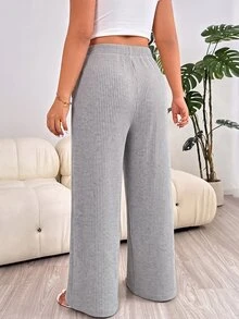 Solflare New Comfortable Soft Elastic Waist Tie-Up Brushed Ribbed Warm Apricot Loose Long Plus Size Pants For Home And Daily Wear - Light Grey - View 2