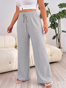Solflare New Comfortable Soft Elastic Waist Tie-Up Brushed Ribbed Warm Apricot Loose Long Plus Size Pants For Home And Daily Wear - Light Grey - View 5