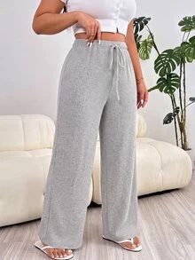 Solflare New Comfortable Soft Elastic Waist Tie-Up Brushed Ribbed Warm Apricot Loose Long Plus Size Pants For Home And Daily Wear - Light Grey - View 3
