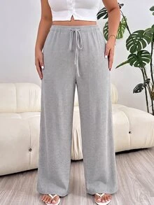Solflare New Comfortable Soft Elastic Waist Tie-Up Brushed Ribbed Warm Apricot Loose Long Plus Size Pants For Home And Daily Wear - Light Grey - View 6