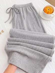 Solflare New Comfortable Soft Elastic Waist Tie-Up Brushed Ribbed Warm Apricot Loose Long Plus Size Pants For Home And Daily Wear - Light Grey - View 7