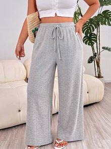 Solflare New Comfortable Soft Elastic Waist Tie-Up Brushed Ribbed Warm Apricot Loose Long Plus Size Pants For Home And Daily Wear - Light Grey - View 4