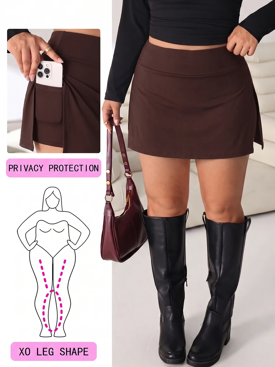 Solflare Plus Size Women's Solid Color Casual Everyday Skort - Chocolate Brown - View 1