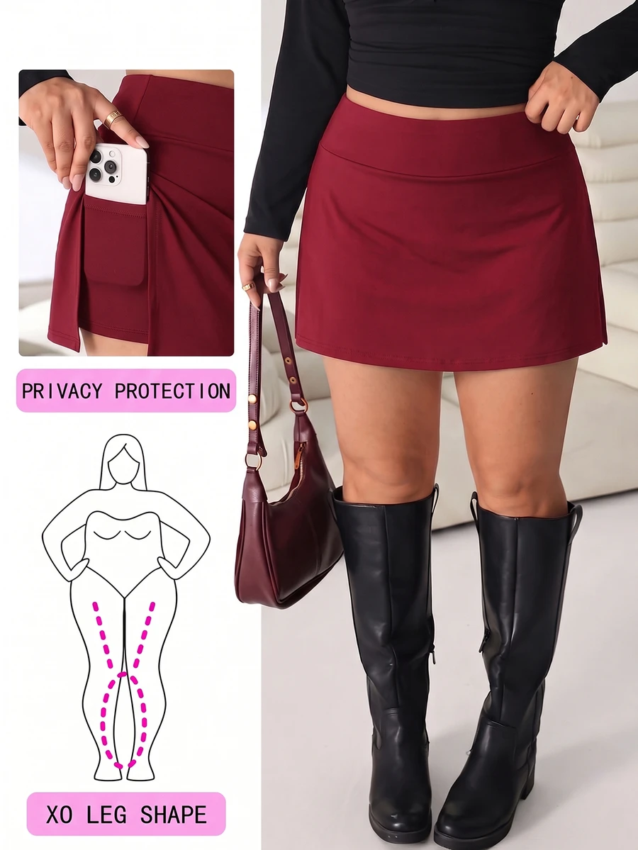 Solflare Plus Size Women's Solid Color Casual Everyday Skort Fall - Burgundy - View 1