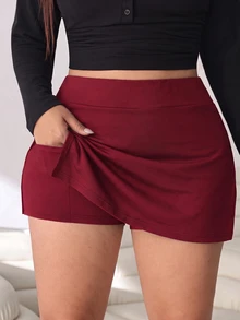 Solflare Plus Size Women's Solid Color Casual Everyday Skort Fall - Burgundy - View 5