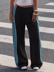 Muchica Plus Size Women Brown Side Stripe Wide Leg Loose Casual Pants S Trousers Oversize For Track Joggers Palazzo Fall - Multicolor - View 4