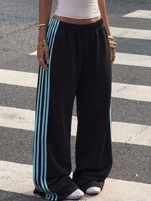 Muchica Plus Size Women Brown Side Stripe Wide Leg Loose Casual Pants S Trousers Oversize For Track Joggers Palazzo Fall - Multicolor - View 1