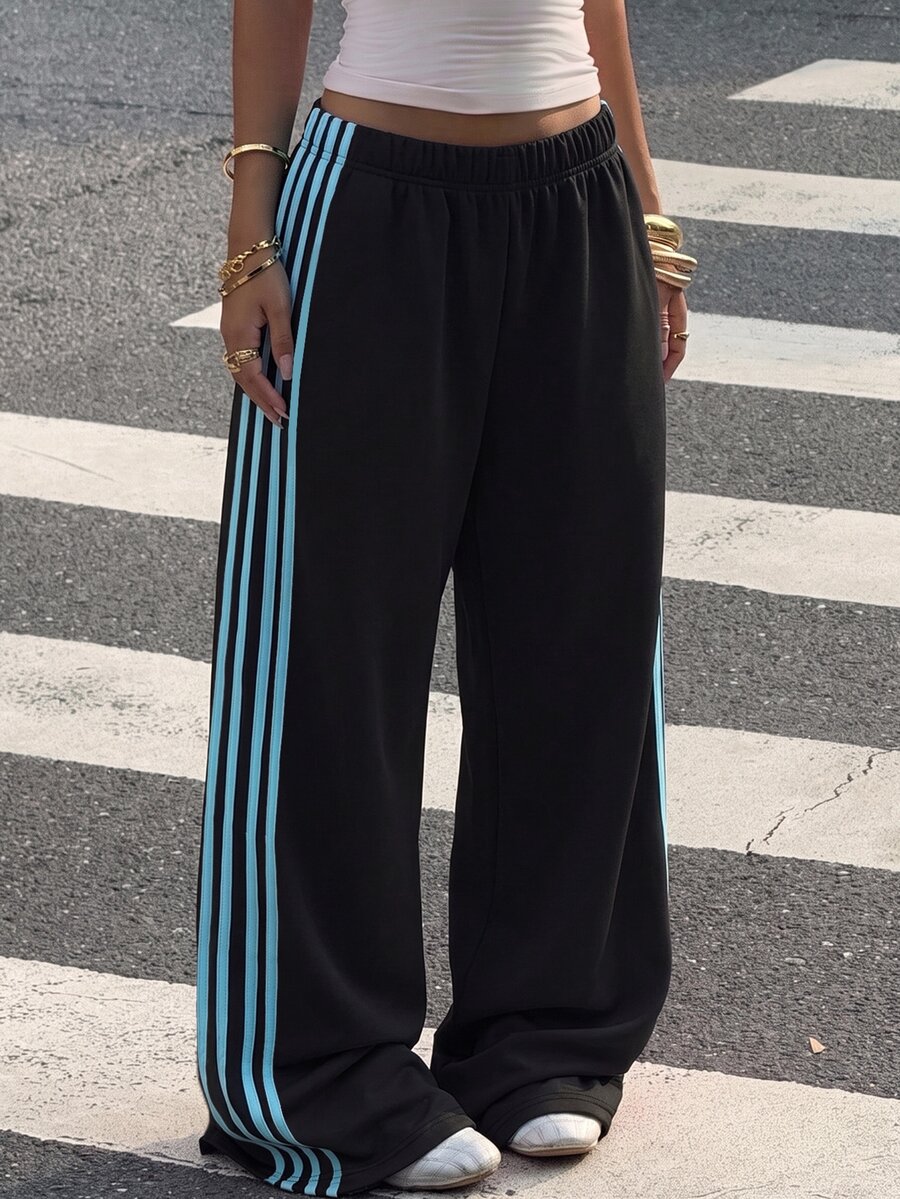 Muchica Plus Size Women Brown Side Stripe Wide Leg Loose Casual Pants S Trousers Oversize For Track Joggers Palazzo Fall - Multicolor - View 1