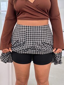 GalTyme Plus Size Casual Commute Plaid Pleated Skirt Fall - Black and White - View 6