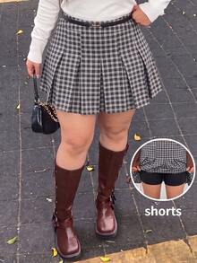 GalTyme Plus Size Casual Commute Plaid Pleated Skirt Fall - Black and White - View 5