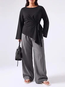 LYSMO Plus Size Solid Color Side Pocket Asymmetrical Hem Long Sleeve T-Shirt Brunch Office Black Fall Casual - Black - View 3