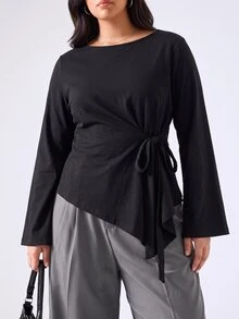 LYSMO Plus Size Solid Color Side Pocket Asymmetrical Hem Long Sleeve T-Shirt Brunch Office Black Fall Casual - Black - View 5