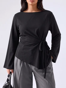 LYSMO Plus Size Solid Color Side Pocket Asymmetrical Hem Long Sleeve T-Shirt Brunch Office Black Fall Casual - Black - View 6