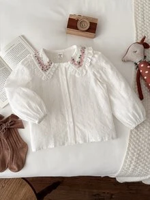 Blossori Young Girls'French Elegant Large Lapel Front Button Long Sleeve White Shirt,Summer Blouses For Girls,Floral Embroidery Cozy Fall&Winter Style - White - View 3