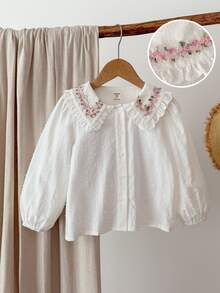 Blossori Young Girls'French Elegant Large Lapel Front Button Long Sleeve White Shirt,Summer Blouses For Girls,Floral Embroidery Cozy Fall&Winter Style - White - View 2