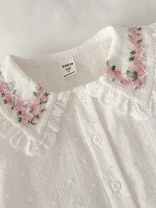 Blossori Young Girls'French Elegant Large Lapel Front Button Long Sleeve White Shirt,Summer Blouses For Girls,Floral Embroidery Cozy Fall&Winter Style - White - View 5