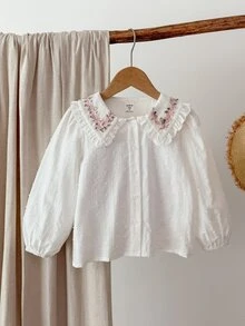Blossori Young Girls'French Elegant Large Lapel Front Button Long Sleeve White Shirt,Summer Blouses For Girls,Floral Embroidery Cozy Fall&Winter Style - White - View 9