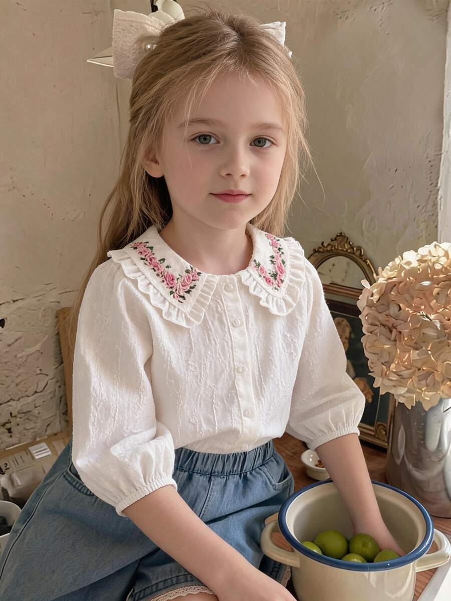 Blossori Young Girls'French Elegant Large Lapel Front Button Long Sleeve White Shirt,Summer Blouses For Girls,Floral Embroidery Cozy Fall&Winter Style - White - View 1