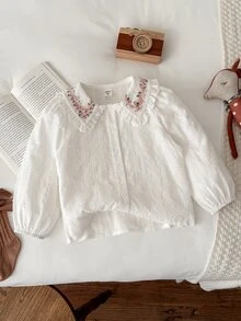 Blossori Young Girls'French Elegant Large Lapel Front Button Long Sleeve White Shirt,Summer Blouses For Girls,Floral Embroidery Cozy Fall&Winter Style - White - View 7