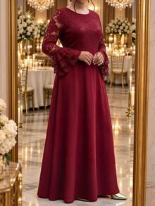 Fleurora Plus Size Women Lace Patchwork Casual Party Dress - Burgundy - View 5