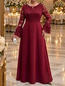 Fleurora Plus Size Women Lace Patchwork Casual Party Dress - Burgundy - View 4