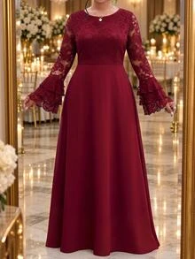 Fleurora Plus Size Women Lace Patchwork Casual Party Dress - Burgundy - View 7