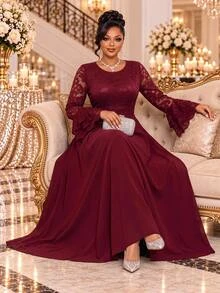 Fleurora Plus Size Women Lace Patchwork Casual Party Dress - Burgundy - View 3