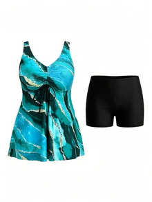 SHEIN Swim Curve 夏季大码女式大理石印花前抽绳泳衣，适合休闲度假 - 綠色 - 查看 5