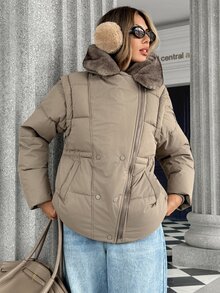 Pariaura Women's Oversized Collar Hooded 2-In-1 Detachable Sleeve Padded Coat, Convertible To Vest With Side Cinched Cinched Waist Fit - Grey - View 6