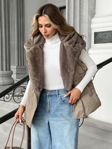 Pariaura Women's Oversized Collar Hooded 2-In-1 Detachable Sleeve Padded Coat, Convertible To Vest With Side Cinched Cinched Waist Fit - Grey - View 5
