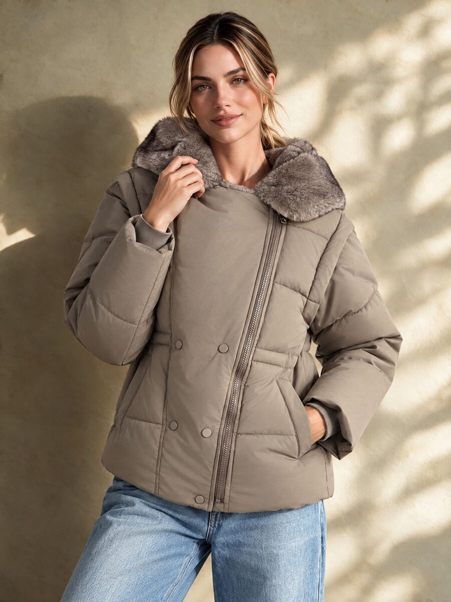 Pariaura Women's Oversized Collar Hooded 2-In-1 Detachable Sleeve Padded Coat, Convertible To Vest With Side Cinched Cinched Waist Fit - Grey - View 1