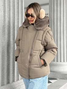 Pariaura Women's Oversized Collar Hooded 2-In-1 Detachable Sleeve Padded Coat, Convertible To Vest With Side Cinched Cinched Waist Fit - Grey - View 4