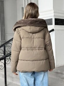 Pariaura Women's Oversized Collar Hooded 2-In-1 Detachable Sleeve Padded Coat, Convertible To Vest With Side Cinched Cinched Waist Fit - Grey - View 2
