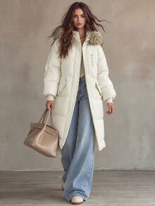 Trelyra Women's Plush Patchwork Hooded Casual Versatile Winter Padded Coat - Beige - View 1