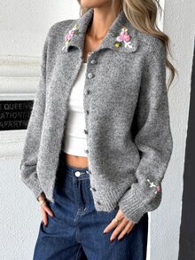 Trelyra Vintage Mori Style Grey Handmade 3D Floral Embroidered Knitted Cardigan, Loose Fit Soft Fluffy Long Sleeve Sweater Outerwear With Turn-Down Collar - Grey - View 3