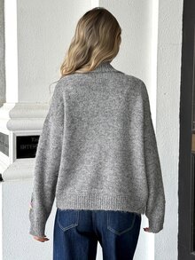 Trelyra Vintage Mori Style Grey Handmade 3D Floral Embroidered Knitted Cardigan, Loose Fit Soft Fluffy Long Sleeve Sweater Outerwear With Turn-Down Collar - Grey - View 2