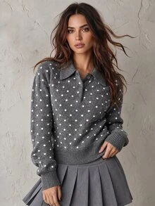 Pariaura American Retro Collared Loose Slimming College Style Versatile Colorblock Pullover Sweater - Dark Grey - View 1