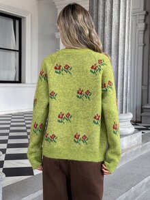 Pariaura French Vintage Cottagecore Floral Jacquard Soft Round Neck Loose Slimming Single-Breasted Button-Up Cardigan Brunch Picnic Green And Yellow Fall - Green - View 2