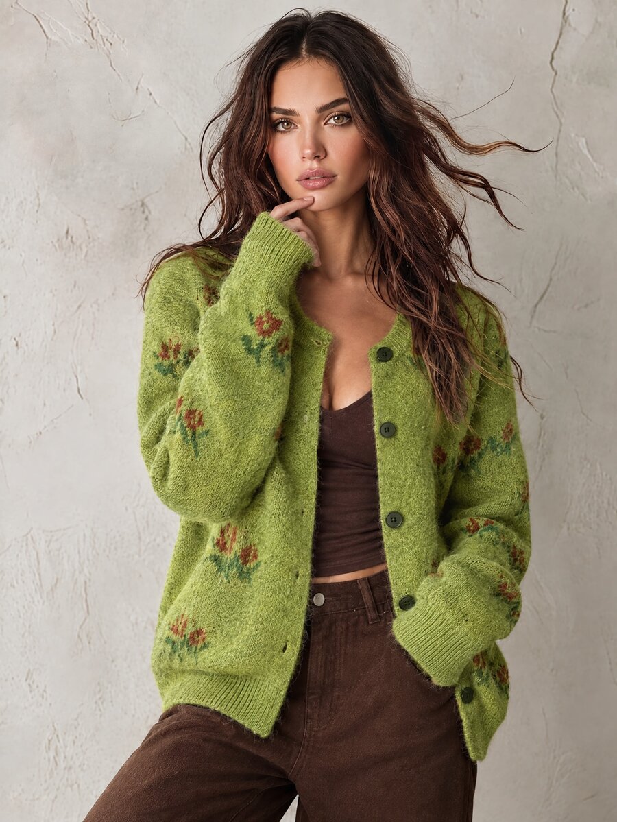 Pariaura French Vintage Cottagecore Floral Jacquard Soft Round Neck Loose Slimming Single-Breasted Button-Up Cardigan Brunch Picnic Green And Yellow Fall - Green - View 1