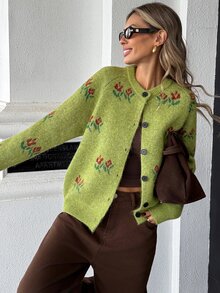 Pariaura French Vintage Cottagecore Floral Jacquard Soft Round Neck Loose Slimming Single-Breasted Button-Up Cardigan Brunch Picnic Green And Yellow Fall - Green - View 3