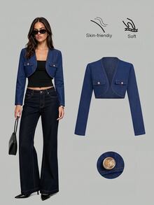 Sweetra Women Chic Style Dark Blue Denim Gold Button Long Sleeve Cropped Open Front Jacket For Daily Party Fall Occasion,Jean Jackets,Fall Clothes For Women - Blue - View 1