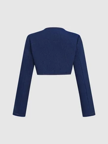 Sweetra Women Chic Style Dark Blue Denim Gold Button Long Sleeve Cropped Open Front Jacket For Daily Party Fall Occasion,Jean Jackets,Fall Clothes For Women - Blue - View 2