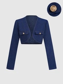 Sweetra Women Chic Style Dark Blue Denim Gold Button Long Sleeve Cropped Open Front Jacket For Daily Party Fall Occasion,Jean Jackets,Fall Clothes For Women - Blue - View 3
