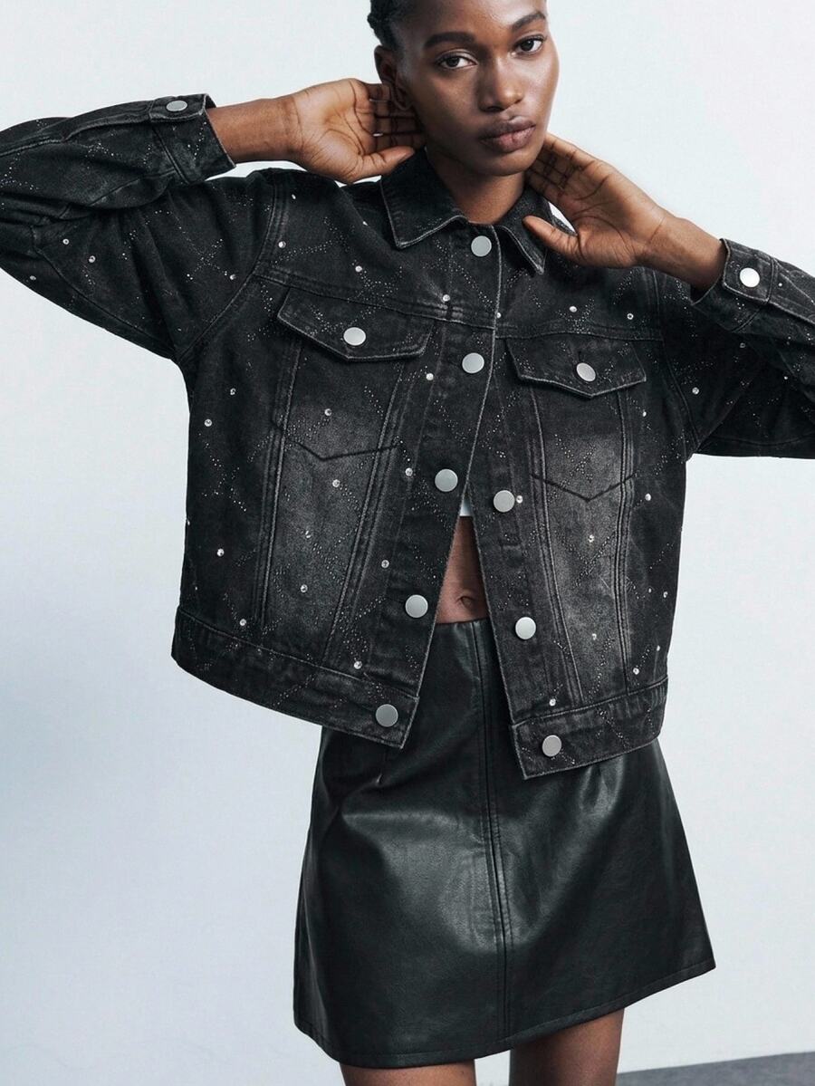 Maija Women's Cropped Black Denim Jacket With Sequin Rhinestone Embellishment And Snap Button Front Autumn Club Black Jacket Christmas Sequin Top - Black - View 1
