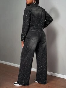 Slaydiva جاكيت جينز أسود قصير للنساء مزين بالترتر والراينستون مع أزرار كبس أمامية جاكيت أسود للنادي في الخريف والكريسماس - الأسود - مشاهدة 3
