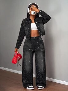 Slaydiva جاكيت جينز أسود قصير للنساء مزين بالترتر والراينستون مع أزرار كبس أمامية جاكيت أسود للنادي في الخريف والكريسماس - الأسود - مشاهدة 2